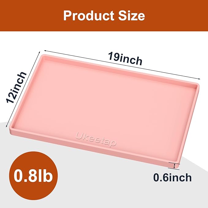 ukeetap Extra Thick Silicone Mat Waterproof with Raised Edge 19” x 12”, BPA Free Non-Slip Dog & Cat Food Mat, Feeding Mat for Food and Water Bowls, Spill Proof Mat to Protect Floors, Pink