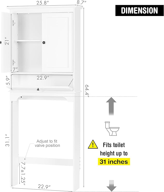 Spirich Over The Toilet Storage Cabinet, Bathroom Above Toilet Storage Cabinet with Doors and Adjustable Shelves, White