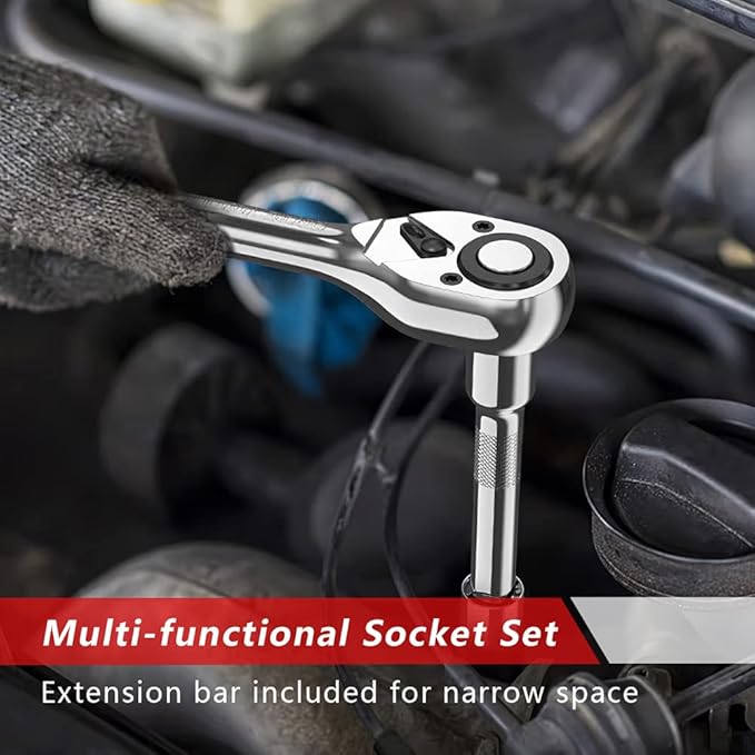 46 PCS Socket Wrench Set, Mechanic Tool Kit Quick-release Ratchet, 1/4" Drive Bit Metric Combination Tools for Auto Repairing & Household with Storage Case