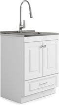 SIMPLIHOME Lawrence All-in-One 28 inch Wide Utility Sink and Laundry Cabinet in Pure White Finish, Transitional Stainless Steel Sink Cabinet for Laundry Rooms with High-Arch Brushed Nickel Faucet