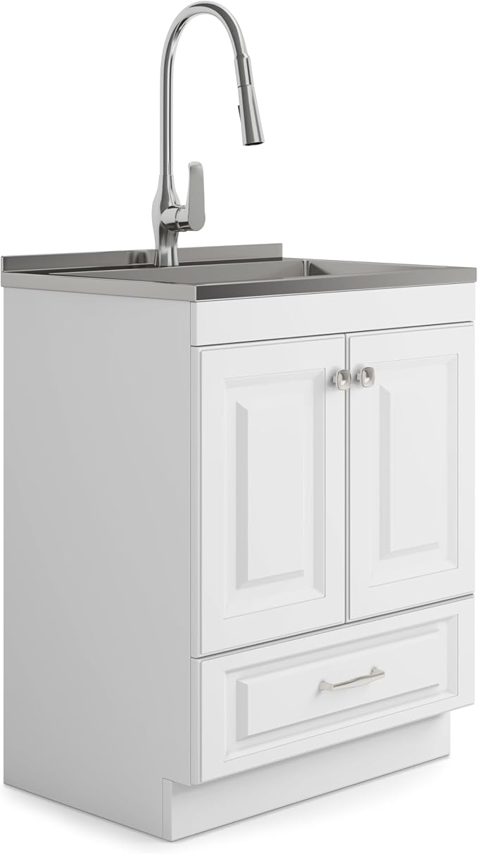 SIMPLIHOME Lawrence All-in-One 28 inch Wide Utility Sink and Laundry Cabinet in Pure White Finish, Transitional Stainless Steel Sink Cabinet for Laundry Rooms with High-Arch Brushed Nickel Faucet