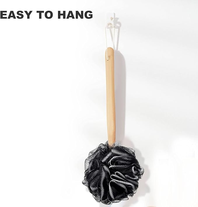 Loofah with Handle - Back Scrubber & Exfoliating Shower Sponge, PE Soft Mesh on a Wooden Stick for Men and Women(Black)