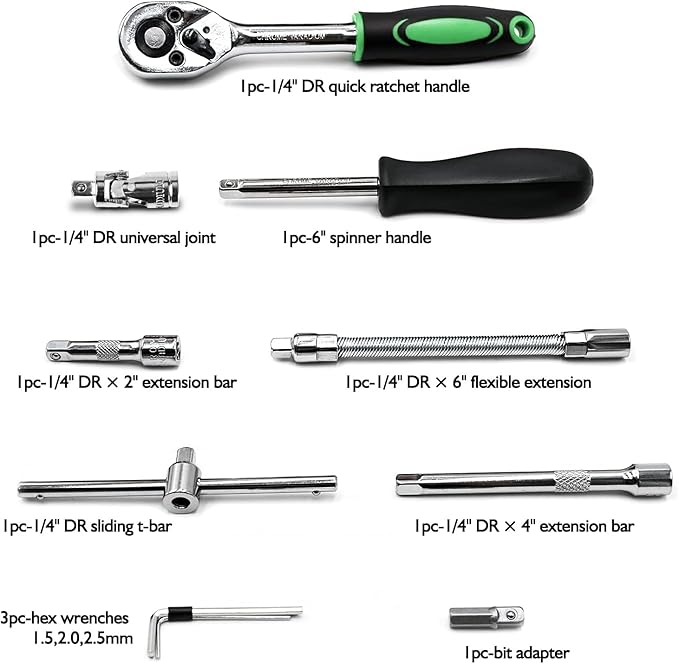 Egofine 46 Pieces 1/4 inch Drive Socket Ratchet Wrench Set, with Bit Socket Set Metric and Extension Bar for Auto Repairing and Household, with Green Storage Case