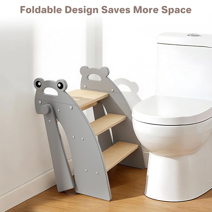 Step Stool for Toddlers, 3-Step Kids Step Stool for Bathroom Sink, Foldable Toilet Potty Training Bamboo Wooden Stool with Handles and Non-Slip Pads for Bedroom, Kitchen Stool Helper, Grey