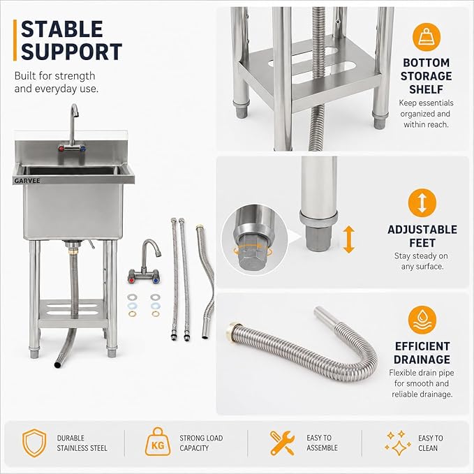 Freestanding Utility Sink 21" x 18" x 41", Stainless Steel American Style Single Bowl with T-Shaped Faucet, Cold Gray Finish, Compact Laundry Room, Balcony, Small Utility Spaces, Easy Clean Surface