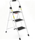 HBTower 3 Step Ladder, Heavy Duty Step Stool with Anti-Slip Pedal and Feet, Folding Step Stool for Adults, Comfortable Handrail, Portable Ladder for Home Kitchen Garage Outdoor, 330 Lbs, White