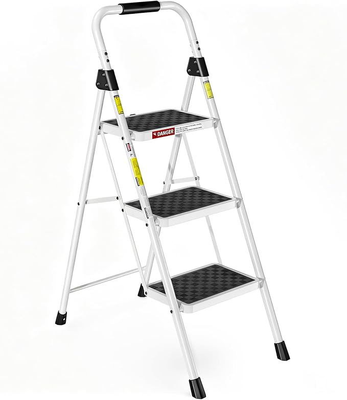 HBTower 3 Step Ladder, Heavy Duty Step Stool with Anti-Slip Pedal and Feet, Folding Step Stool for Adults, Comfortable Handrail, Portable Ladder for Home Kitchen Garage Outdoor, 330 Lbs, White