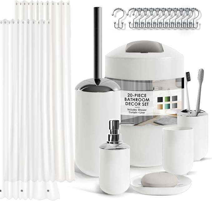 Clara Clark Bathroom Set - White Bathroom Accessories Set, 20PC Bathroom Accessory Set, Shower Curtain Set with Liner, Toothbrush Holder, Soap Dispenser, Soap Dish, Toilet Brush Holder, and Trash Can
