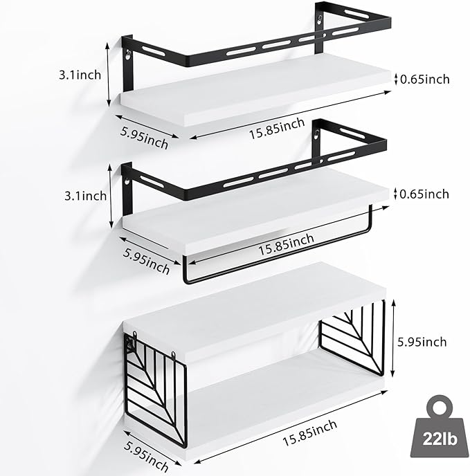 Fixwal Wall Mounted Bathroom Shelves Over Toilet, Rustic Wood Floating Shelves with Metal Frame and Towel Bar for Bathroom, Kitchen, Bedroom, Living Room (3 Plus 1 White)
