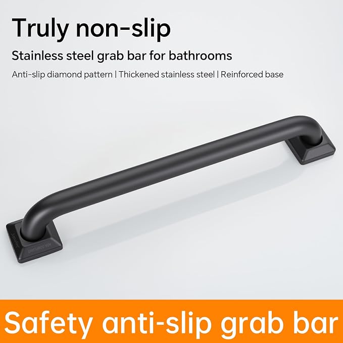 joyrain 500lb Capacity Stainless Steel Grab Bar - Heavy Duty Bathroom Safety Rail for Elderly, Anti-Slip Shower Handle, ADA Compliant (Matte Black, 16 inch)