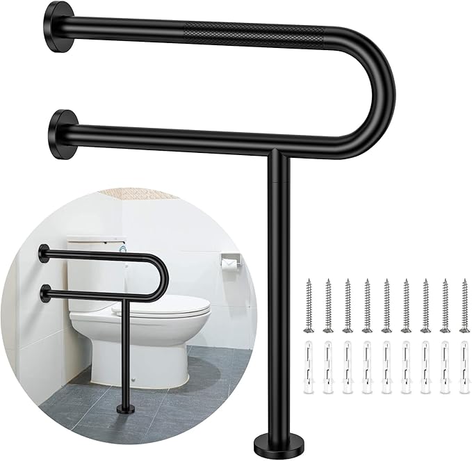 Toilet Support Rail 24X 28 Inch, Munzong Anti-Slip Black Handicap Grab Bar for Bathroom, Stainless Steel Knurled Safety handrails with Leg for Elderly Disabled Pregnant-1.25’Tube