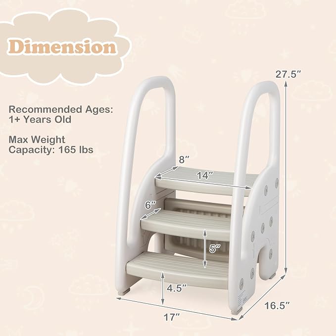 Costzon 3-Step Stool for Toddlers, Children Step Up Leaning Helper with Safety Handles, Non-Slip Pedals, Kids Standing Tower for Kitchen Counter, Bathroom Sink, Toilet Potty Training (Grey)