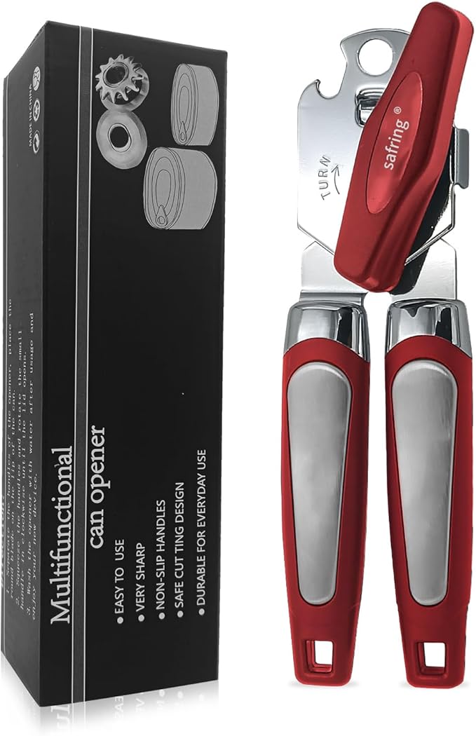 Safring Can Opener Manual, Handheld Strong Heavy Duty Stainless Steel Can Opener, Comfortable Handle, Sharp Blade Smooth Edge, Can Openers with Multifunctional Bottle Opener, Red