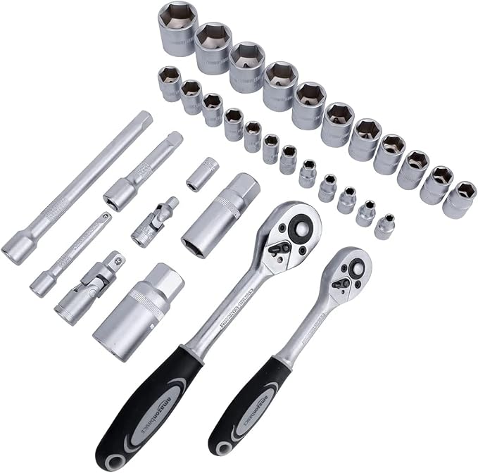 Amazon Basics 65-Piece General Household Home Repair and Mechanic's Hand Tool Kit Set with Storage Case, Portable, Non-Slip Handles, Black