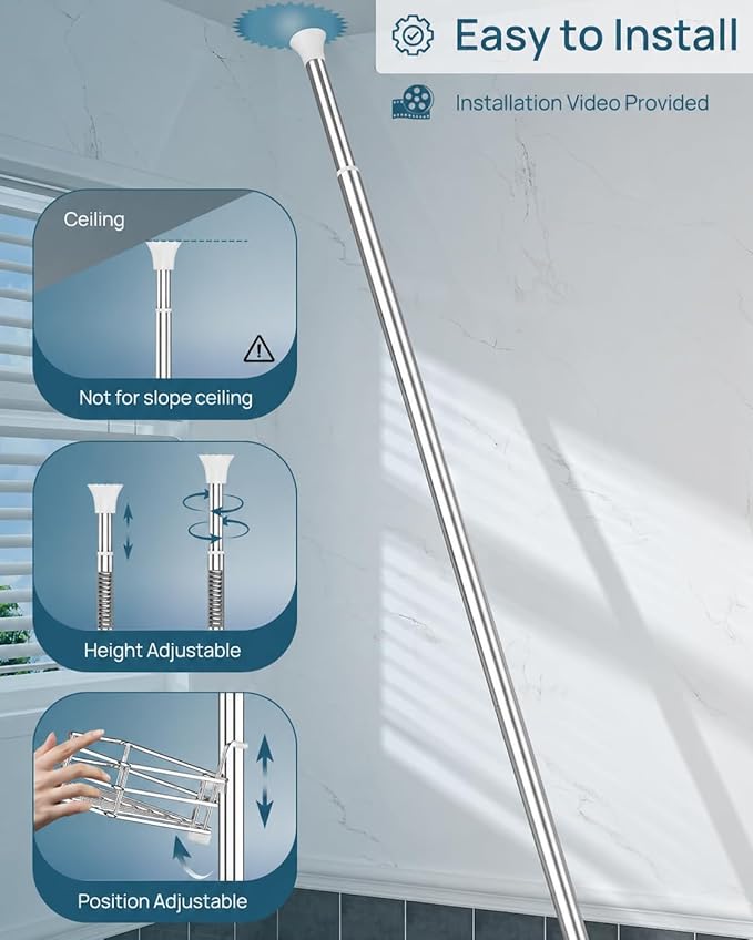 SEIRIONE Corner Shower Caddy Tension Pole, Quick Setup, Rust-Free Bathroom Shower Organizer Corner for Bathtub Shampoo Storage, 4-Tier Adjustable Shelf, Drill Free, Fits 34 to 116 Inch Height, Silver