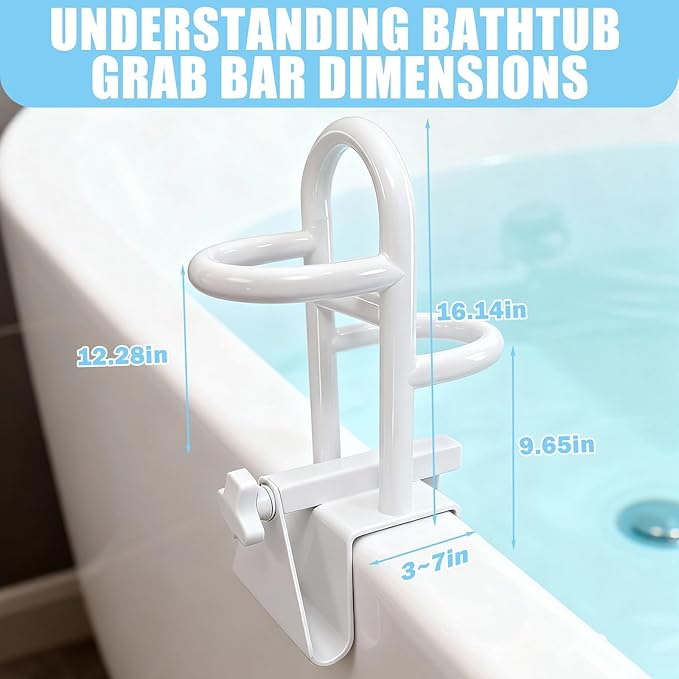 Adjustable Bathtub Safety Rail & Shower Grab Bar for Elderly | No-Drill Shower Handle Grab Bar, Secure Locking Tub Clamp Fits 3 to 7 Inch Tub Walls, Supports 330 lbs