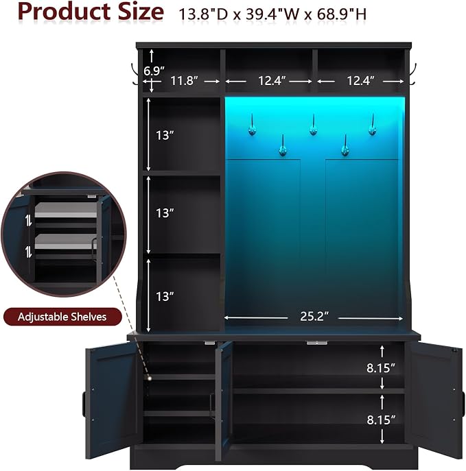 CSZZD Hall Tree with Bench and Shoe Storage, Farmhouse Entryway Bench with Coat Racks and Led Lights, Black Tall Hall Tree with 7 Coat Hooks, 6 Storage Cubbies, Adjustable Shelf