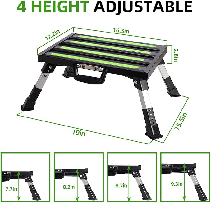 Homeon Wheels RV Step Stool, Adjustable Height Folding Aluminum Platform, Non-Slip Rubber Feet, Reflective Stripe, Handle, RV T Level, 1000 lbs, 16.5" x 12.2", for Trailer, Truck, Outdoor Use, Black