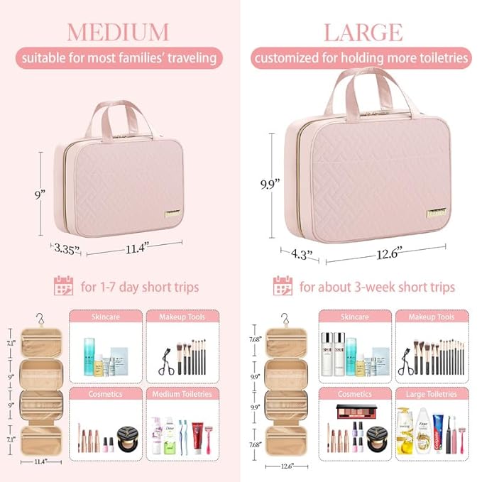 HOTOR Travel Toiletry Bag - Hanging Toiletry Bag for Women & Men, Makeup Bag/Big Comparment, Waterproof for Travel Accessories, Travel Essentials, Large, Pale Pink