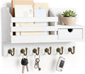 FifthQuarter Key Holder Wall Mount: Key and Mail Holder for Wall with 6 Hooks and Storage Drawer, Easy Installation Key Rack for Entryway Home Decor (A-White)
