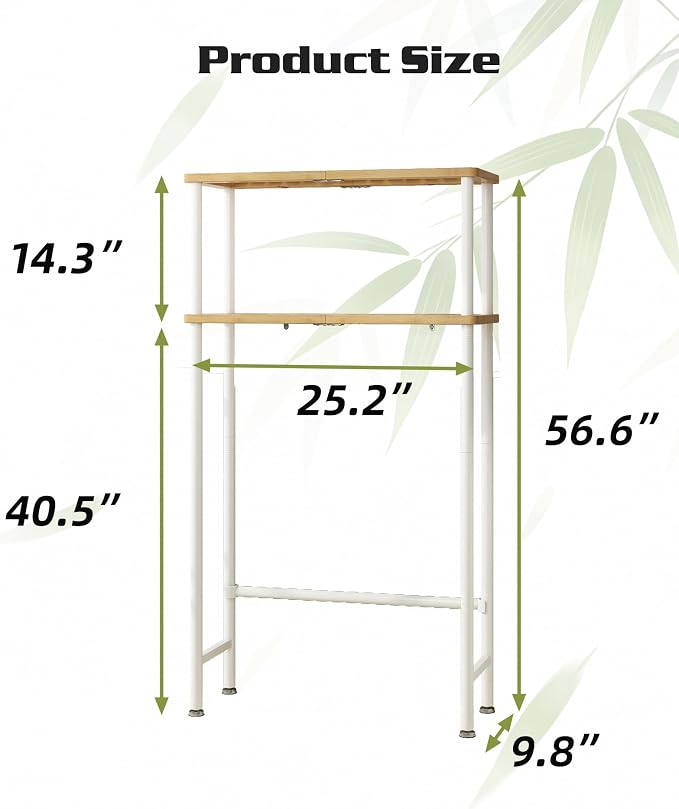 LiSHELF Bamboo Over The Toilet Storage Shelf 2-Tier Bathroom Organizer Rack Freestanding Above Toilet Shelves Space Saver for Small Bathroom, Laundry, White