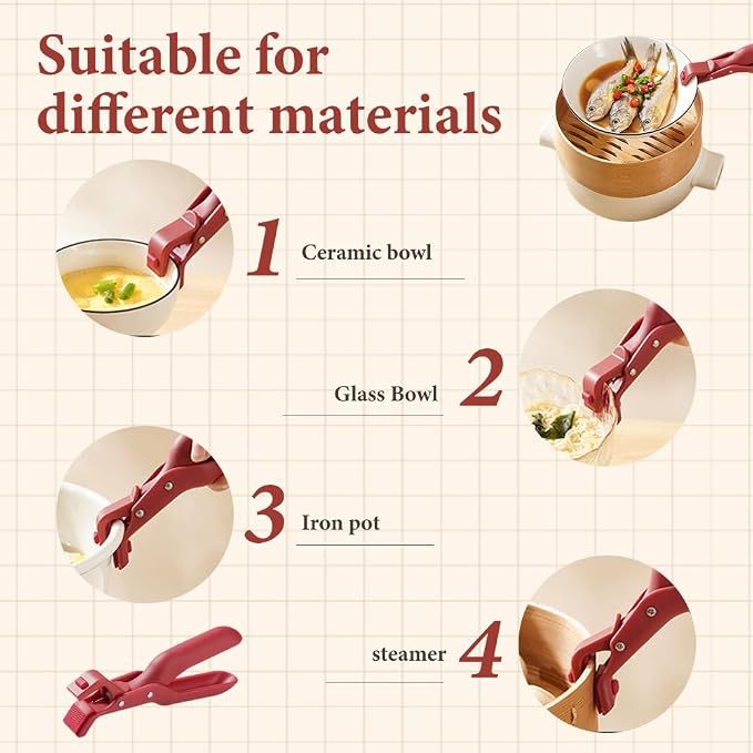 Multi-Purpose Anti-Scald Bowl Holder Clip for Kitchen, 2026 New Silicone Non-Slip Heat Insulation Anti-scald Clip, Multi-Function Anti-Scald Bowl Clip Hot Bowl Dish Plate Gripper Clips (Red, 2PCS)