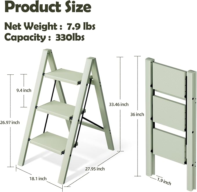 Taranta 3 Step Ladder,Aluminum Lightweight Folding 3 Step Stool with Anti-Slip Wide Pedal,330lbs Capacity Step Ladder for Household,Kitchen,Office - Fairyland Green