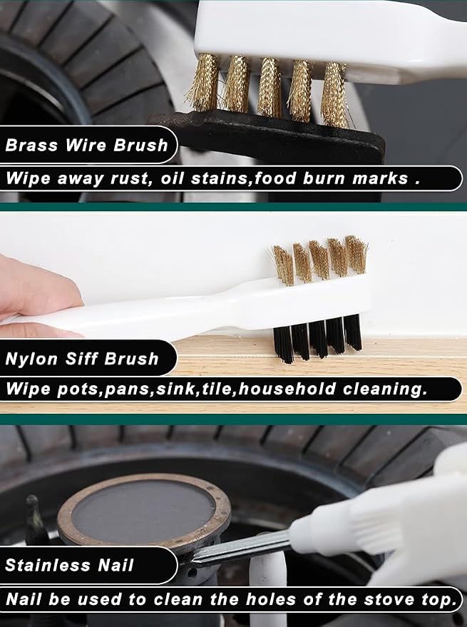 Kitchen Stove Cleaning Brush + Scraper Tool Set, Brass Wire Brushes for Range Hood Grease Grime, Rust Cleaner Heavy Duty Stainless Steel Putty Scraper for Gas Burners Cooktop Pot Pan