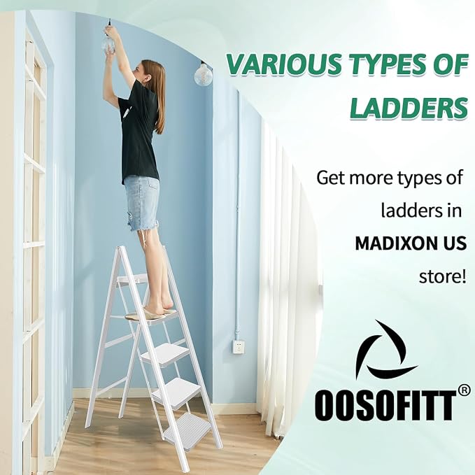 5-Step Folding Ladder, Heavy Duty Ladders for Home & Kitchen, Folding Ladder Easy to Store, Tall Ladder for Adults, Anti-Slip & Space-Saving Step Ladder, 330 Lbs Capacity, White