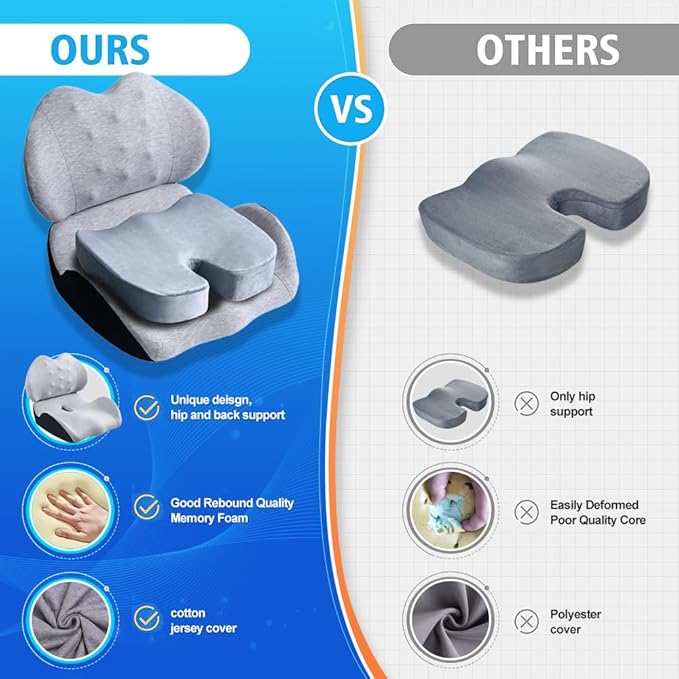 X Large Memory Foam Seat Cushion Lumbar Support Pillow for Sciatica & Tailbone Pressure Relief Coccyx Pad for Office Chair, Car,Wheelchair,Home,Office