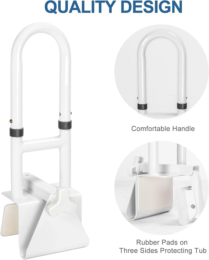 HEPO Adjustable Bathtub Safety Rail for Elderly, Tub Grab Bar for Bathroom, Assistance Bathtub Handle Clamp for Seniors Bath Handles Support and Fall Prevention, White