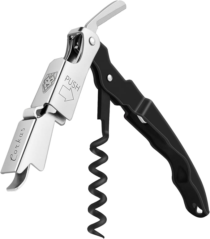 CORKAS Wine Key - Professional Handcrafted Heavy Duty Waiter Corkscrew, Compact Wine Opener with Double Hinged, Foil Cutter and Bottle Opener, Gifts for Servers, Sommelier, Bartenders - Black