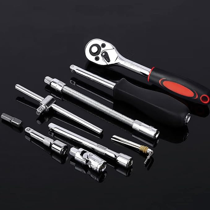 46 PCS Socket Wrench Set, Mechanic Tool Kit Quick-release Ratchet, 1/4" Drive Bit Metric Combination Tools for Auto Repairing & Household with Storage Case