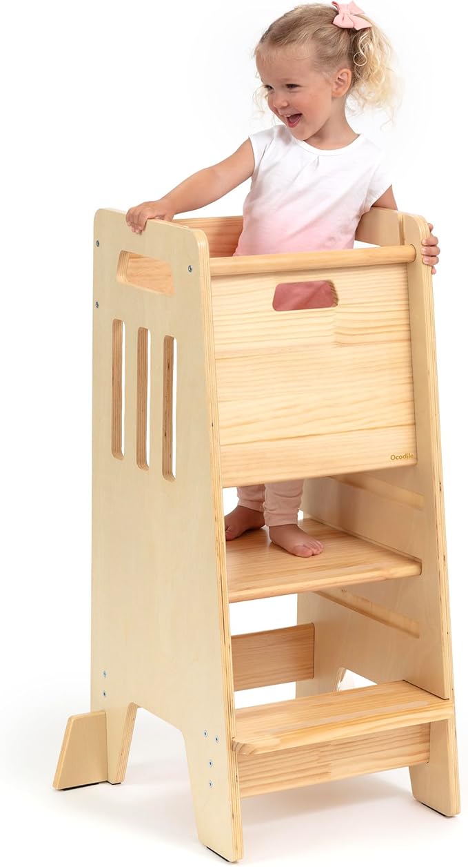 OCODILE Toddler Tower with a Sliding Door and 3 Adjustable Heights - Safe Toddler Kitchen Step Helper with Support Feet - Updated Design for 18+ Months to 6-Year-Old Kids - Varnished
