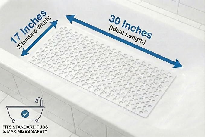 Nonslip Bath Tub Shower Mat with Suction Cups, Extra Soft TPE Bath Mat for Kids, Bathtub Bathroom Mats, Machine Washable, Smooth/Non-Textured Tubs Only, 30L x 17W Inch(White)