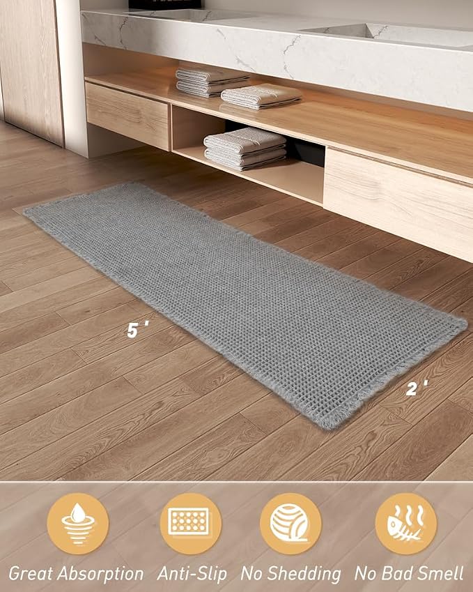 Upgraded Waffle Runner Rug Super Absorbent Non Slip Bath Mats for Bathroom Machine Washable Bathroom Runner Rug with Tassels, Ideal for Hallway Bedroom Laundry Room, Light Grey, 2' x 5'(24" x 60")