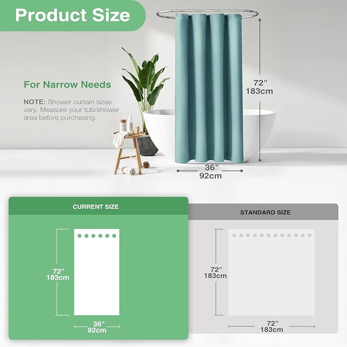 Dynamene Stall Fabric Shower Curtain - 36x72 Waffle Weave Weighted Cloth Shower Curtains for Bathroom, Neutral Heavy Duty Hotel Spa Luxury Bath Curtain Set with 6 Plastic Hooks,Teal