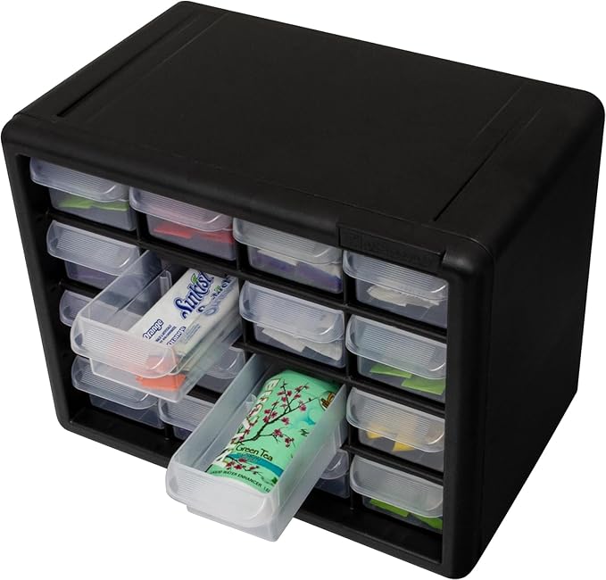 Akro-Mils 16-Drawer Plastic Drawer Storage Cabinet for Garage Organization, Beads, Makeup Organizer, Building Bricks Storage, Teacher Toolbox, 10-1/2" W x 6-1/2" D x 8-1/2" H, 10116 Black