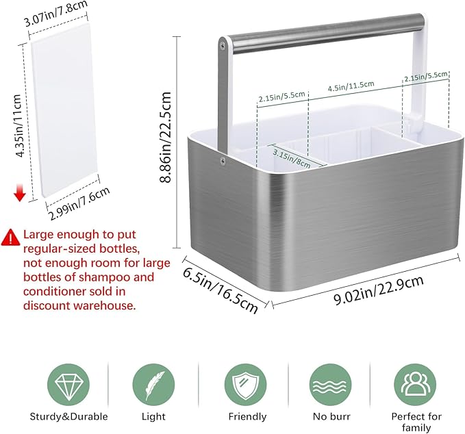 BYUNER Plastic Shower Caddy Dorm - Portable Bathroom Caddy Organizer with Handle and Divider for College Dorm & Shared Bathroom, Hard Shower Tote for Toiletry, Brushed Nickel White