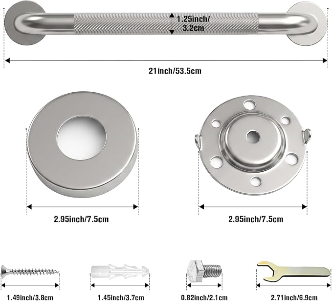 20 Inch Shower Grab Bar for Seniors,1.25'' Diameter 304 Stainless Steel Heavy Duty Anti-Slip Bathroom Safety Handicap Grab Bar for Shower, Bathtub & Toilet Support, Wall Mounted, Supports 500lbs