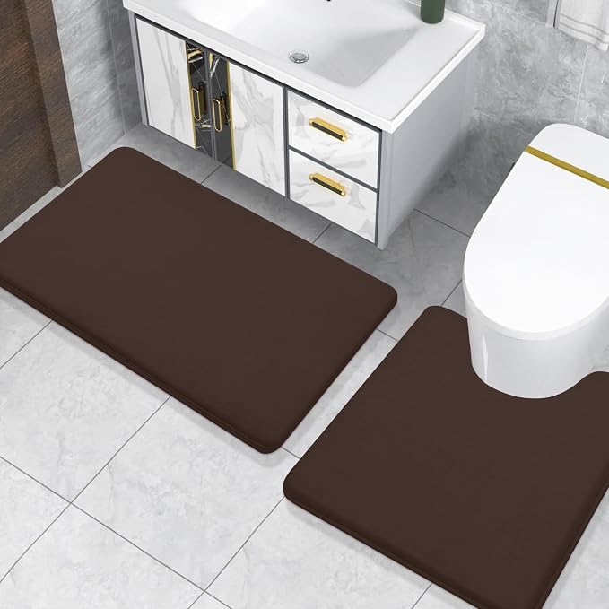 Smiry Memory Foam Toilet Rugs U-Shaped 24x24, Extra Soft Absorbent Non-Slip Contour Bathroom Rugs, Machine Washable Bath Mats for Toilet, Brown