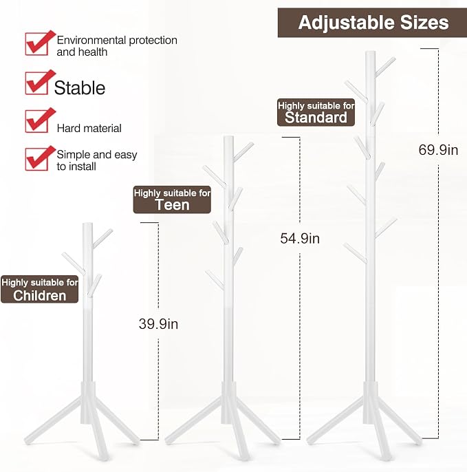 WANGMUXIA 2 PCS Coat Rack, Freestanding Coat Rack with 8 Hooks and 3 Adjustable Size Tree Coat Racks for Bedroom, Hallway, Entrance, Office, for Hats, Coats, Scarves, Handbags