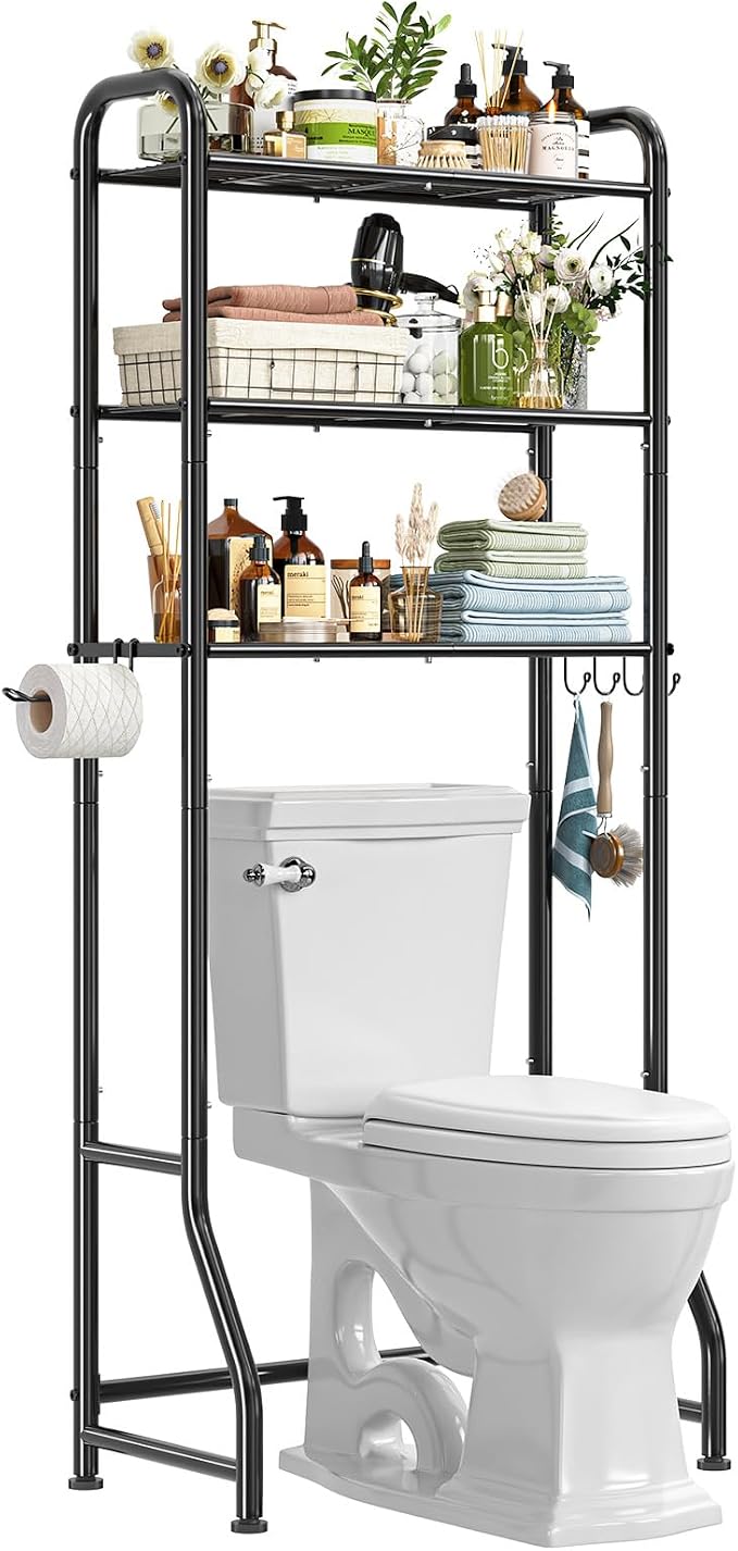 Simple Trending Over The Toilet Storage Rack, Metal 3 Tier Bathroom Organizer Shelf with Paper Holder and 3 Hooks, Freestanding Shelf Space Saver Above Toilet,Black