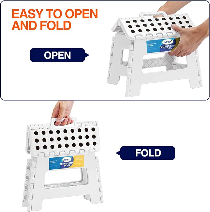 Korpai 9" Folding Step Stool for Adults and Kids Holds Up to 300 lbs,Non-Slip Folding Stools with Portable Handle, Compact Plastic Foldable Step Stool for Bathroom,Bedroom, Kitchen,White,1PC
