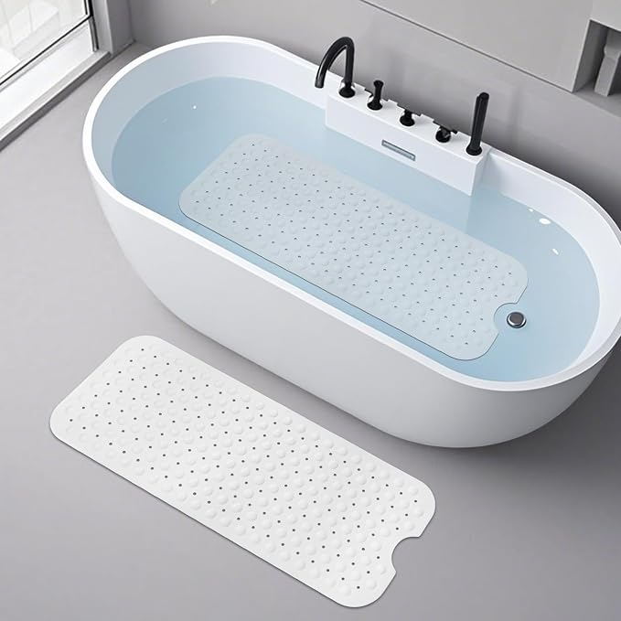 WarmSnow Long Bathtub Mat Non Slip 39.5 x 16 Inch, Inside Shower Mats with Suction Cups & Drain Holes, Soft TPE Bath Mat for Tub, Quick-Drain Bathroom Floor Mats, White