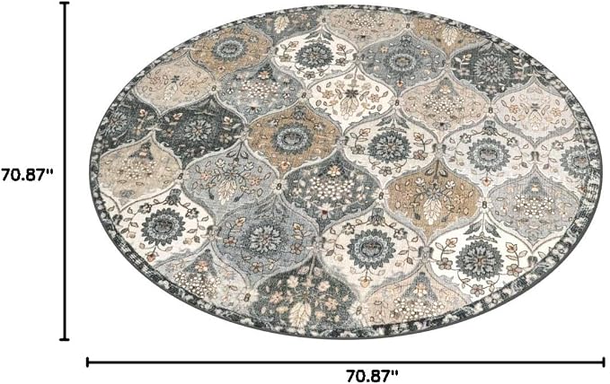 Lahome Moroccan Washable Round Area Rug, Soft Vintage Round Rugs 6ft for Dining Room Bedroom, Ultra-Thin Non-Slip Distress Large Circle Carpet for Living Room Nursery Elise, Grey