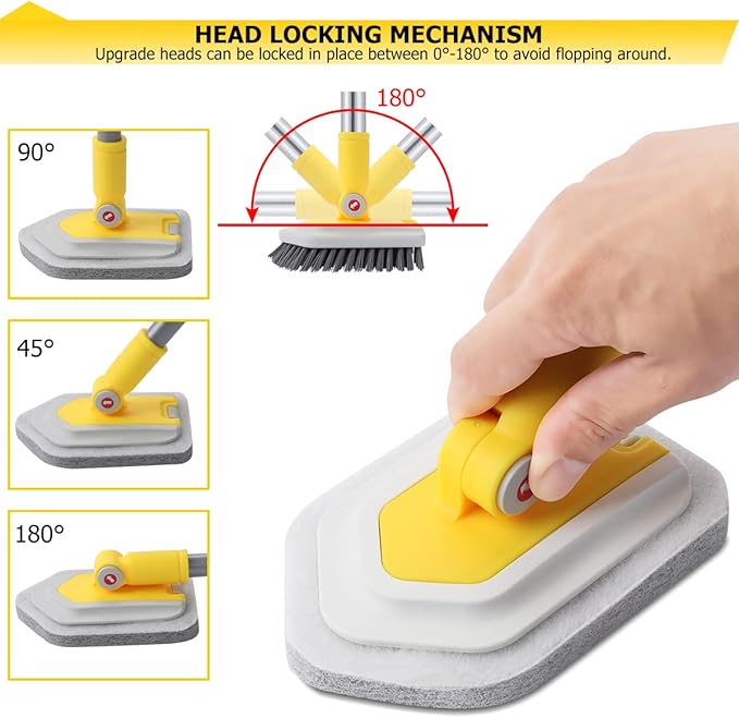 Lalafancy Shower Cleaning Brush with Locking Head, 3 in 1 Tub Tile Scrubber Brush with 50'' Extendable Long Handle Stiff Bristles Scouring Pads Microfiber for Cleaning Bathtub Shower Wall Bathroom