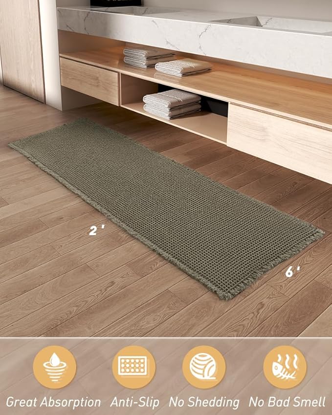 AMOAMI Upgraded Waffle Runner Rug Super Absorbent Non Slip Bath Mats for Bathroom Floor Washable Bathroom Runner Rug with Tassels, Ideal for Hallway Bedroom Laundry Room, Green, 2' x 6'(24" x 72")