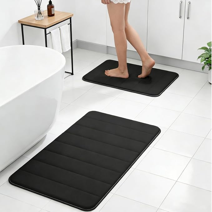 RUN HELIX Bathroom Rugs Set 2 Piece Memory Foam Bath Rugs Non-Slip Bath Mat,Washable Room Mats,Absorbent Shaggy Rug Super Soft Kitchen Mats, Batroom Carpets for Bathroom,Tub,Shower Home Decor（Black）