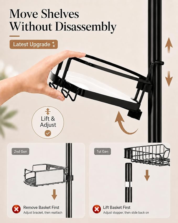 ALLZONE Corner Shower Caddy Tension Pole, 4 Hang-On Basket with Mixed-Height Shelves for Various Bottle Sizes, Extra Hooks & Soap Holder, Rustproof Stainless Steel, Fits 34–116 Inch, Black/White